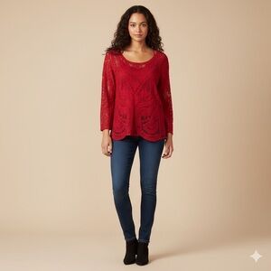 Express Red Floral Lace Long Sleeve Top - Boho Romantic Mesh Sheer Blouse size S